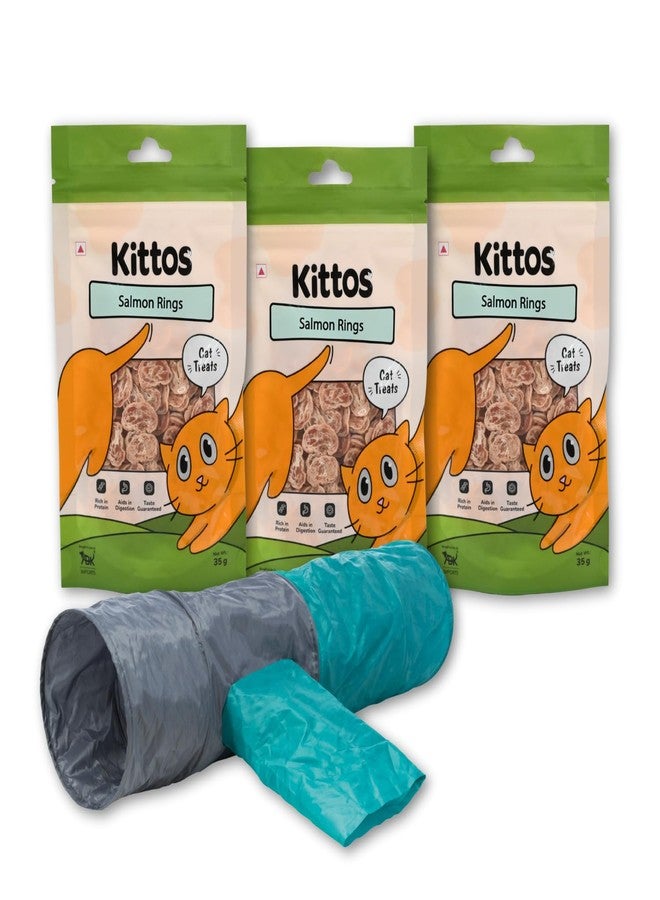 تريكسي مجموعة نفق تريكسي للقطط 30×115 سم للعب في الأماكن المغلقة والمفتوحة مع حلقات سمك السلمون من كيتوس 35 غرام - نفق تفاعلي ممتع للقطط ومكافآت لذيذة للتدريب (عبوة من 3 قطع) - Image 1